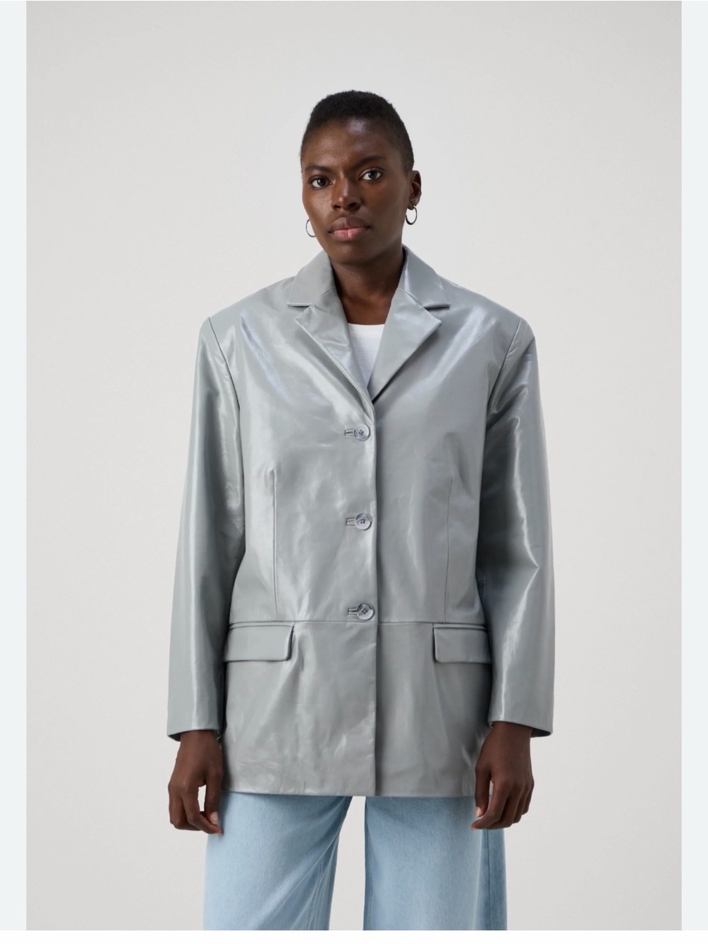DAY Womens Metallic Silver Single-Breasted leather  Blazer Jacket size US 8 NWT
